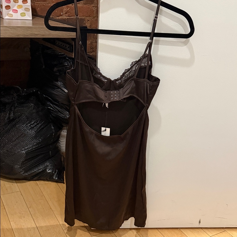 Satin Lace Chemise Slip - Brown - Picture 2 of 4